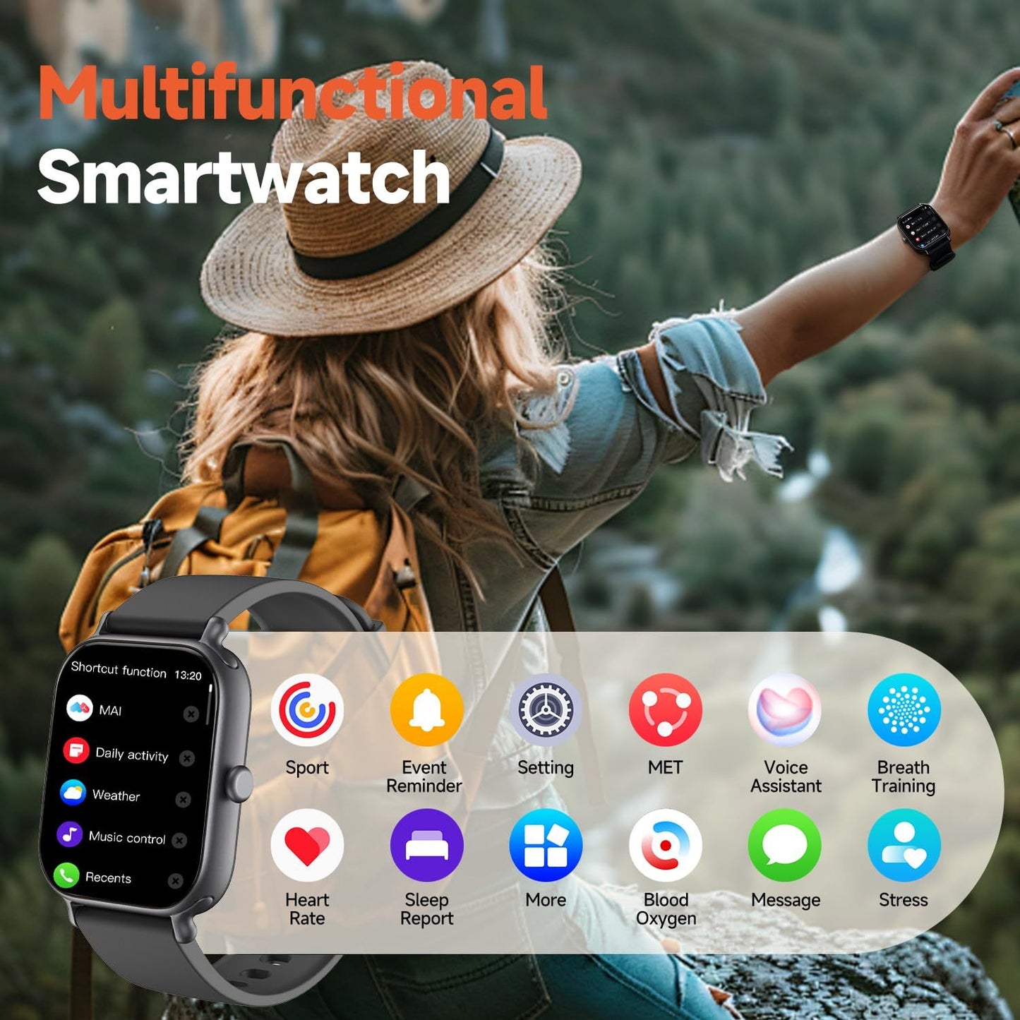 Smartwatch with app icons displayed on a screen, worn by a person outdoors.