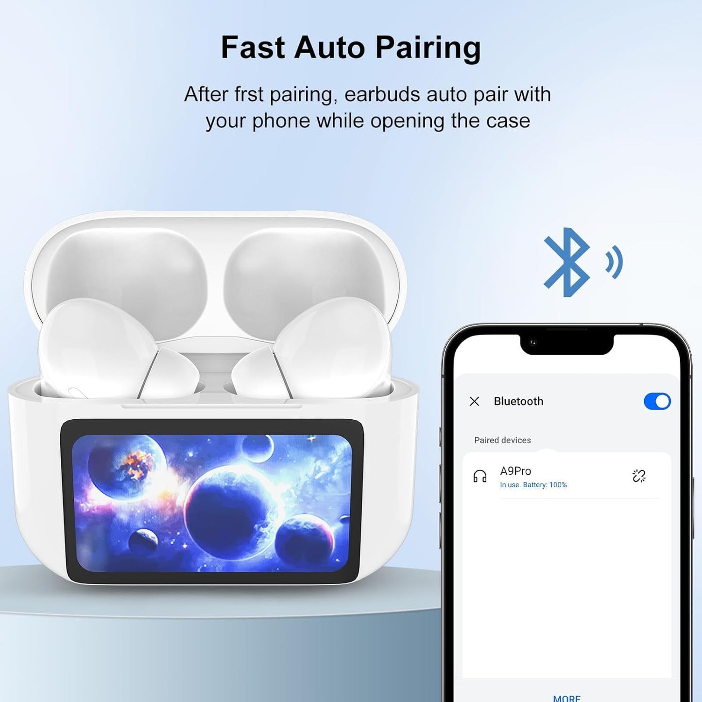 ALT: Wireless earbuds auto pairing with smartphone via Bluetooth on light blue background.