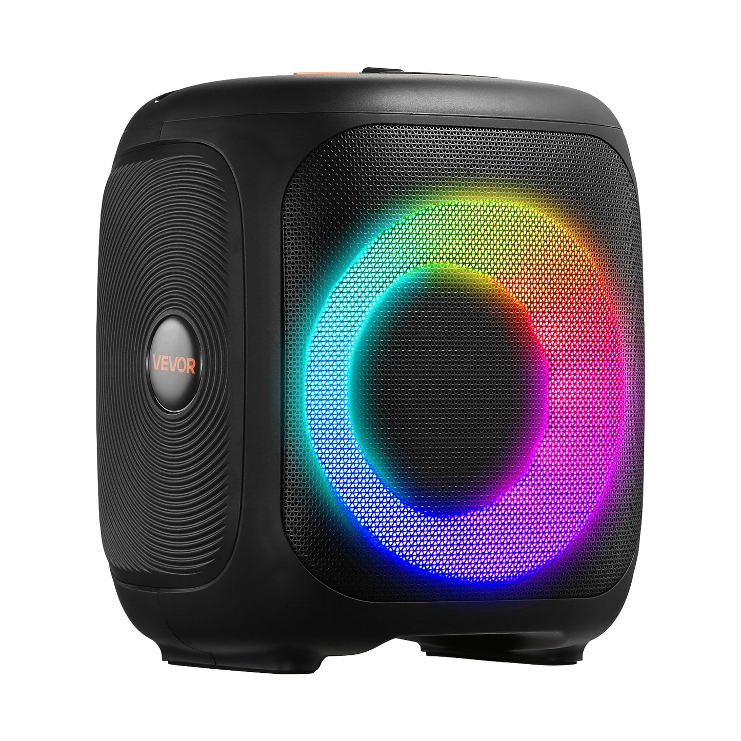 Black speaker with colorful LED ring on a white background