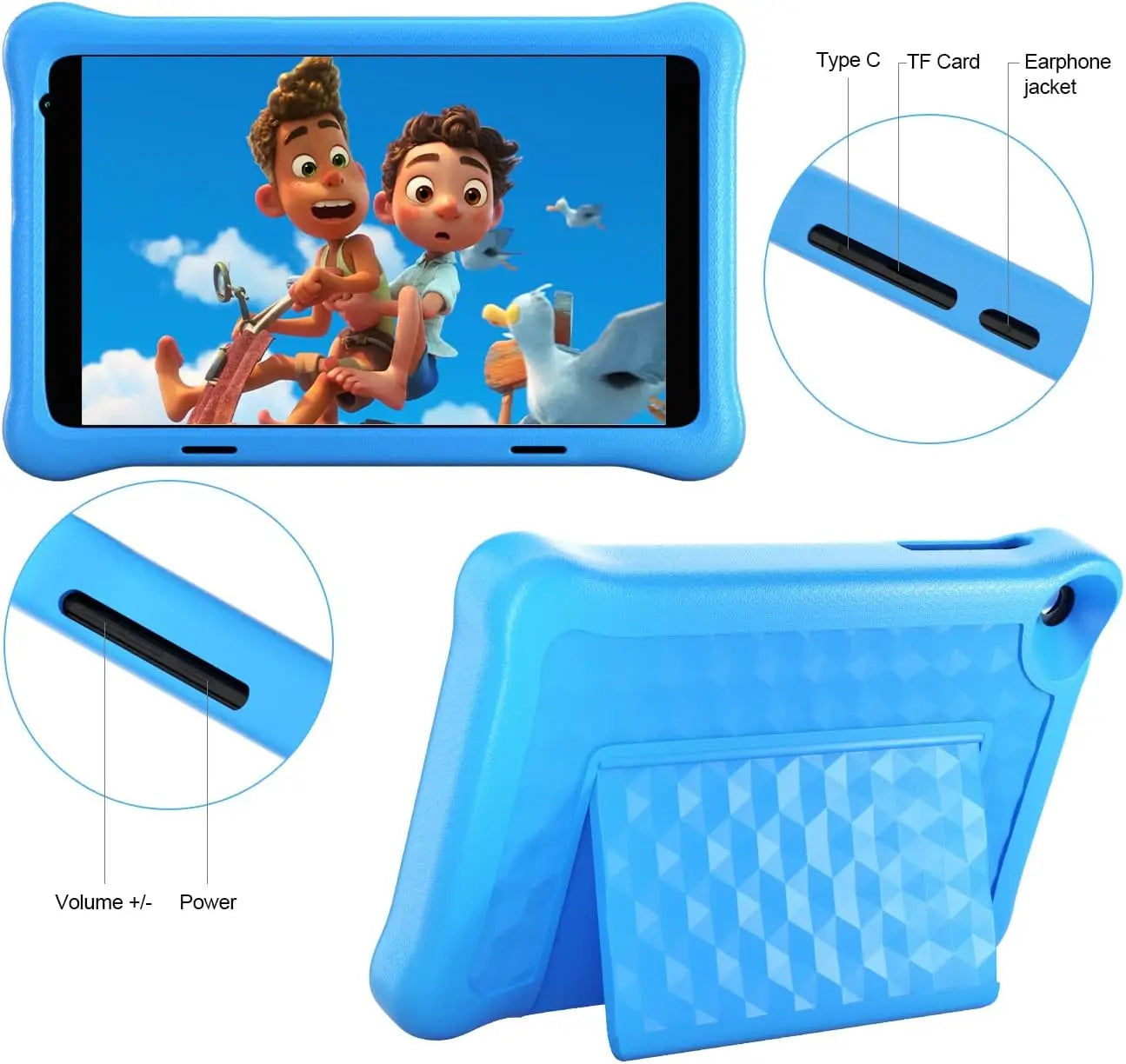 Blue kids learning tablet with durable kid-proof handle and case