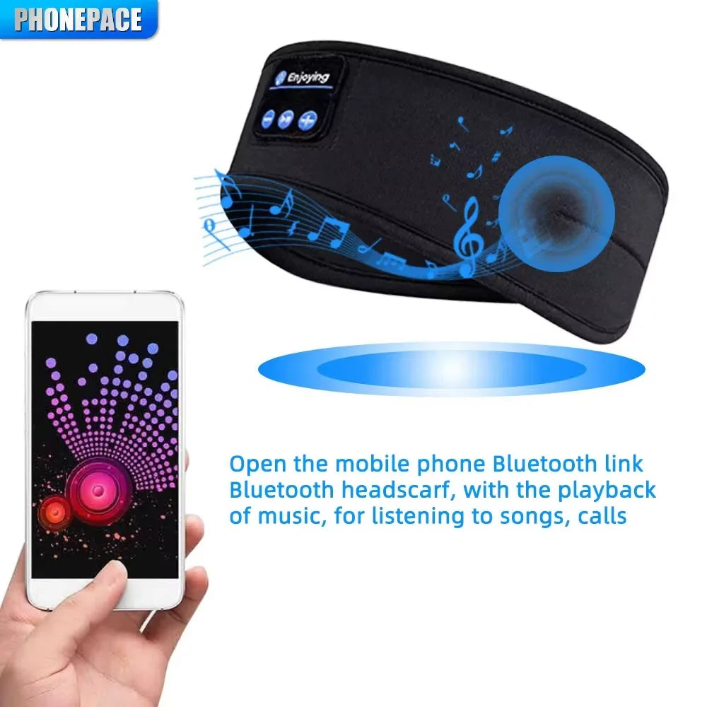 “Bluetooth sleep mask shown with smartphone connectivity for wireless music.”