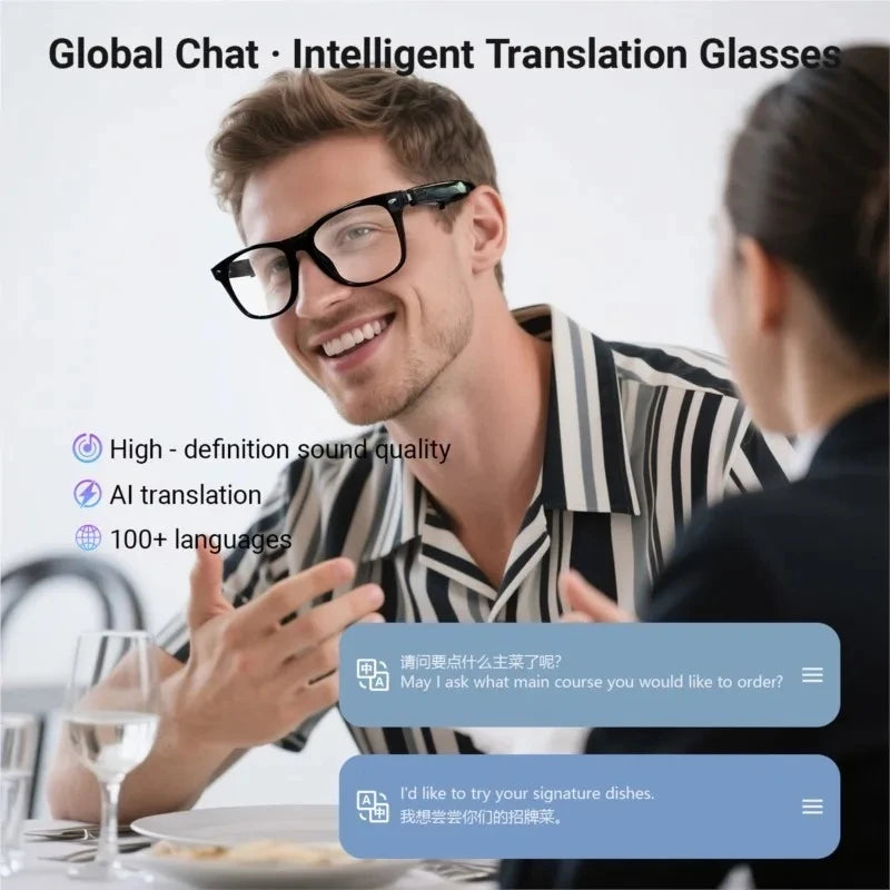 Man wearing intelligent translation glasses during a conversation with another person at a dining table.
