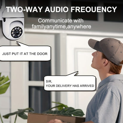 Person receiving a delivery with a security camera and text about two-way audio frequency.