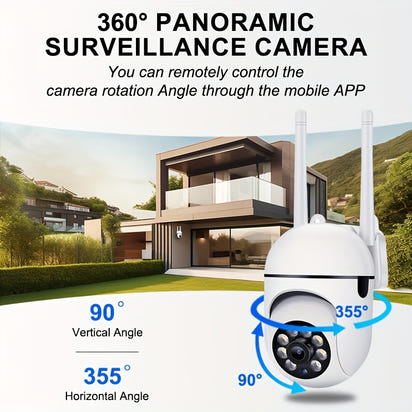 360-degree panoramic surveillance camera with a house in the background