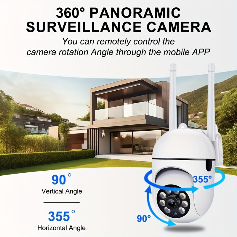 360-degree panoramic surveillance camera with a house in the background