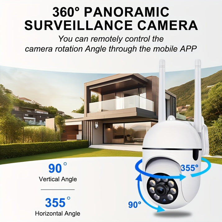 360-degree panoramic surveillance camera with a house in the background