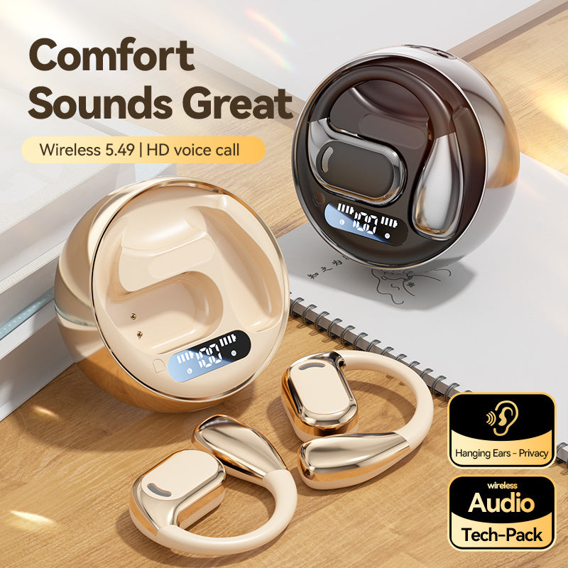 Wireless earbuds with charging case on a wooden surface, featuring text 'Comfort Sounds Great' and product features.