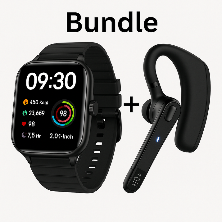 Smartwatch and Bluetooth headset tech bundle- fitness and hands-free set.