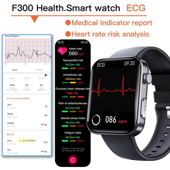 ALT: Smartwatch with ECG heart health analysis and medical report graphics.