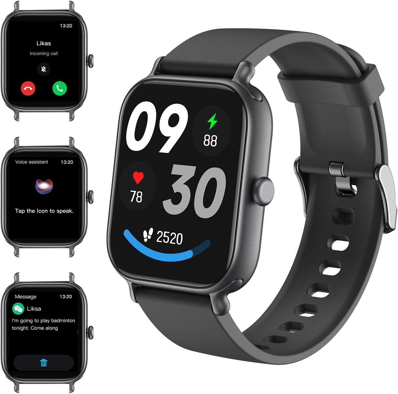 HD smartwatch with Bluetooth and fitness tracker display.