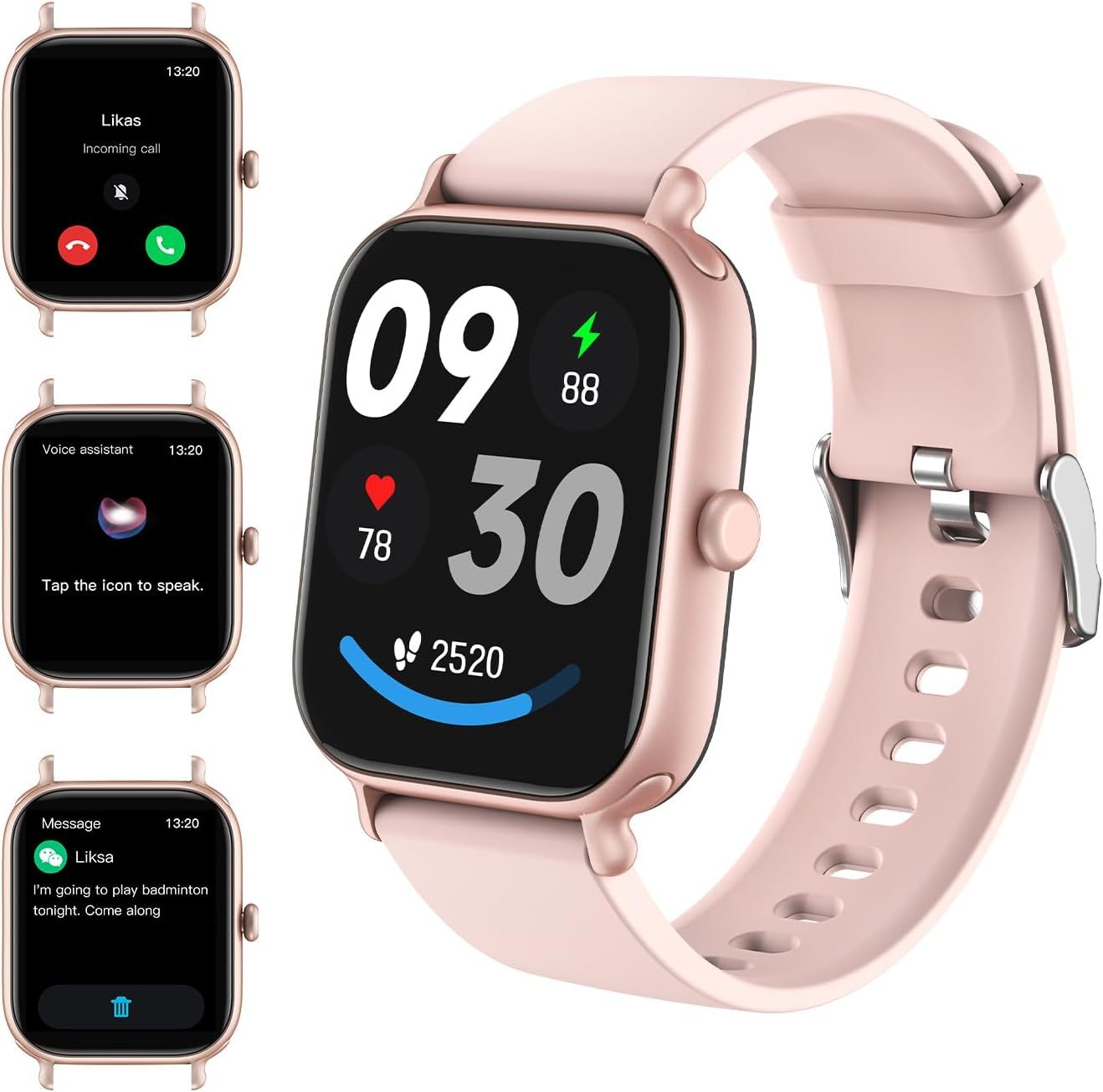 Smartwatch with a pink band displaying various app icons on a white background