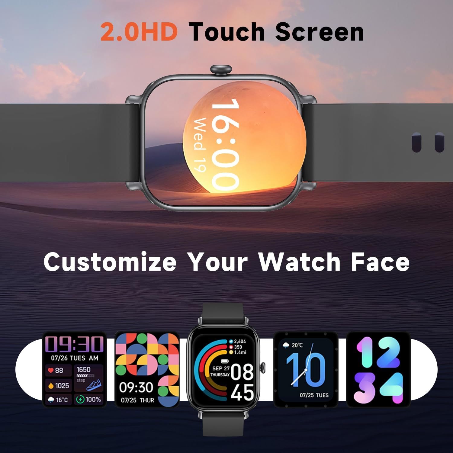Smartwatch with customizable watch face on a scenic background