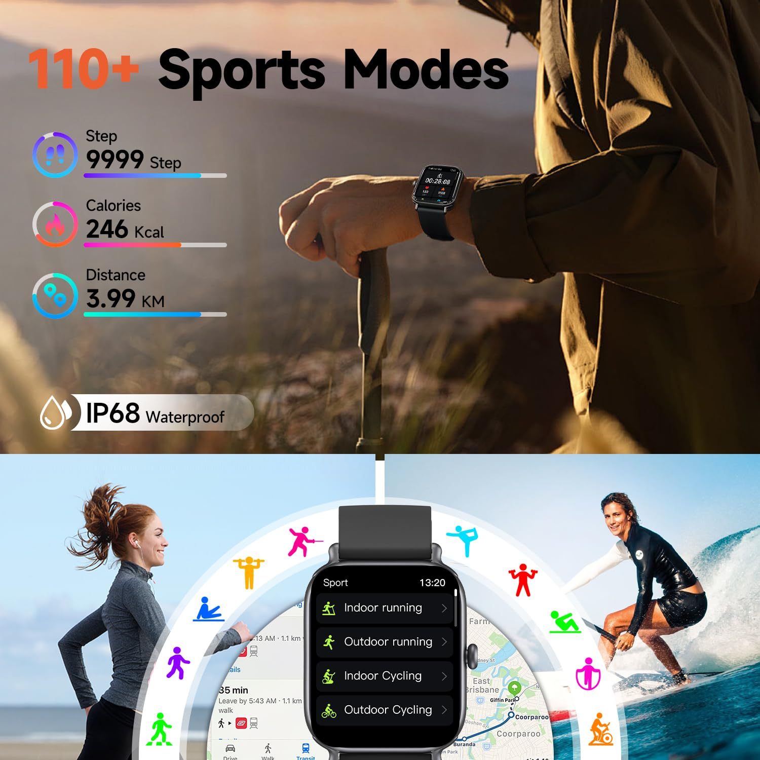 Smartwatch displaying fitness metrics with outdoor activities and IP68 waterproof feature.