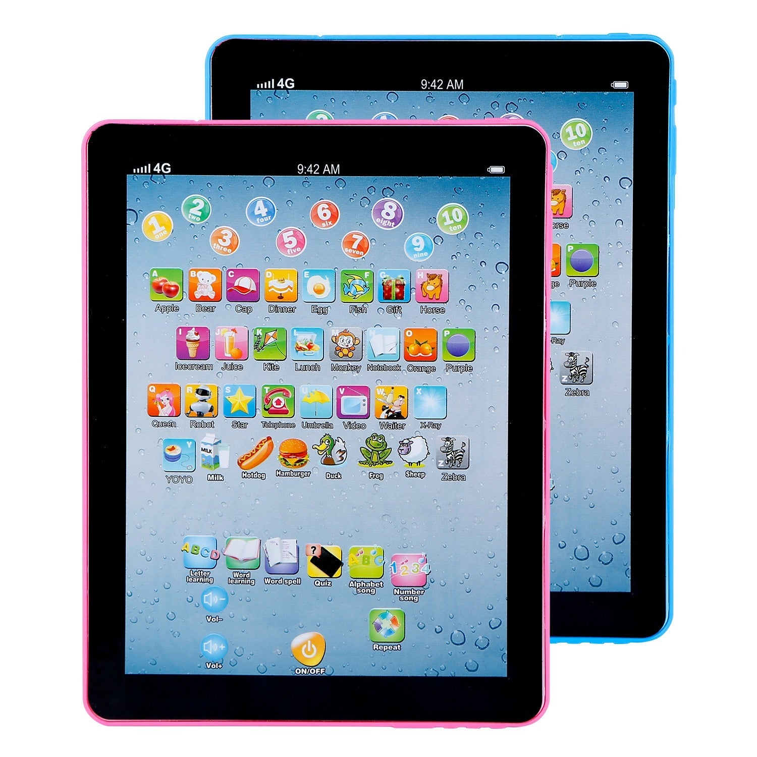 Two tablets, one pink and one blue, with colorful app icons on a white background.