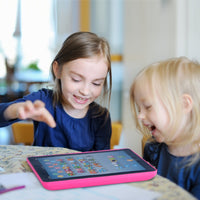 Children using an educational tablet for learning activities at home.