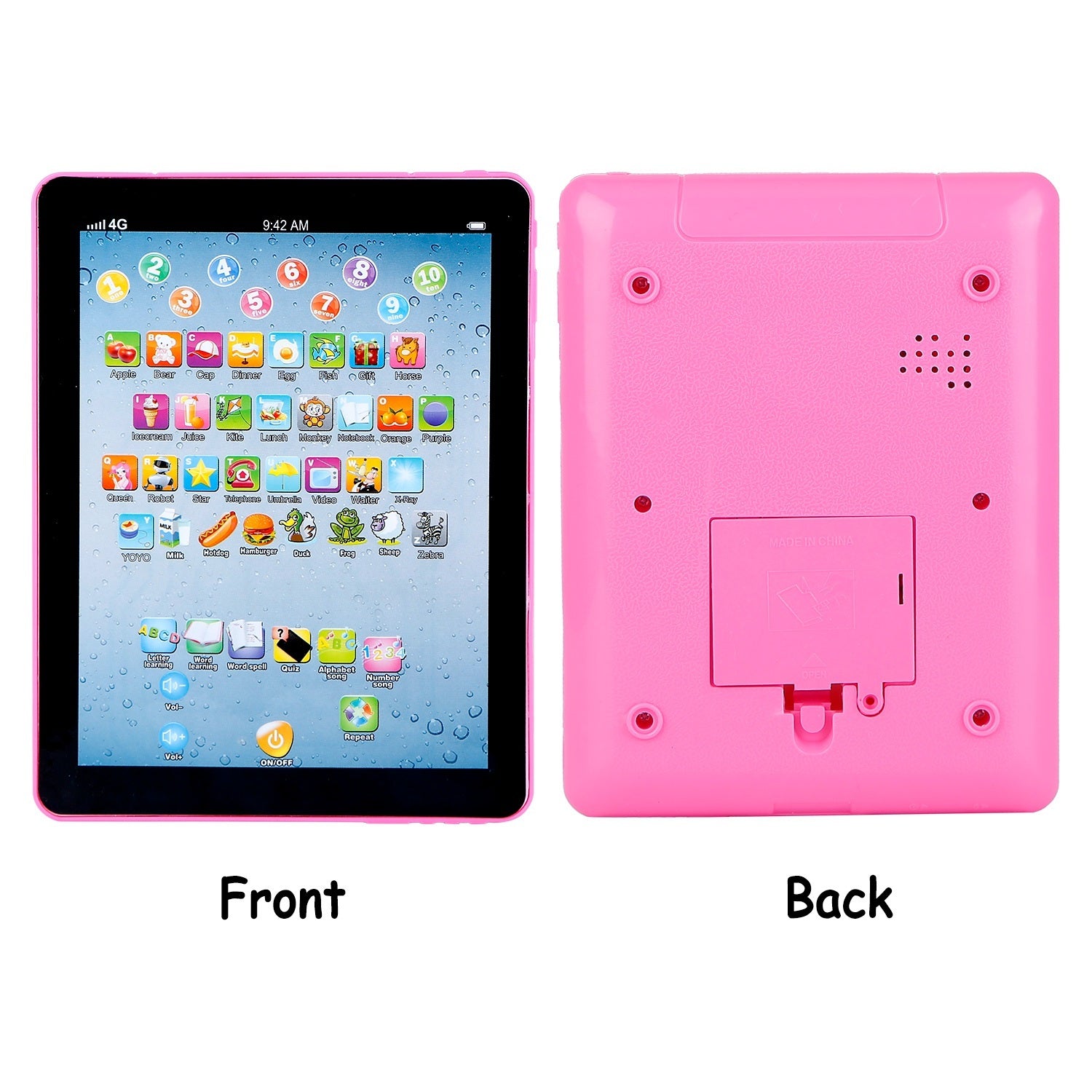 Pink kids learning tablet with early learning app icons and bright display.