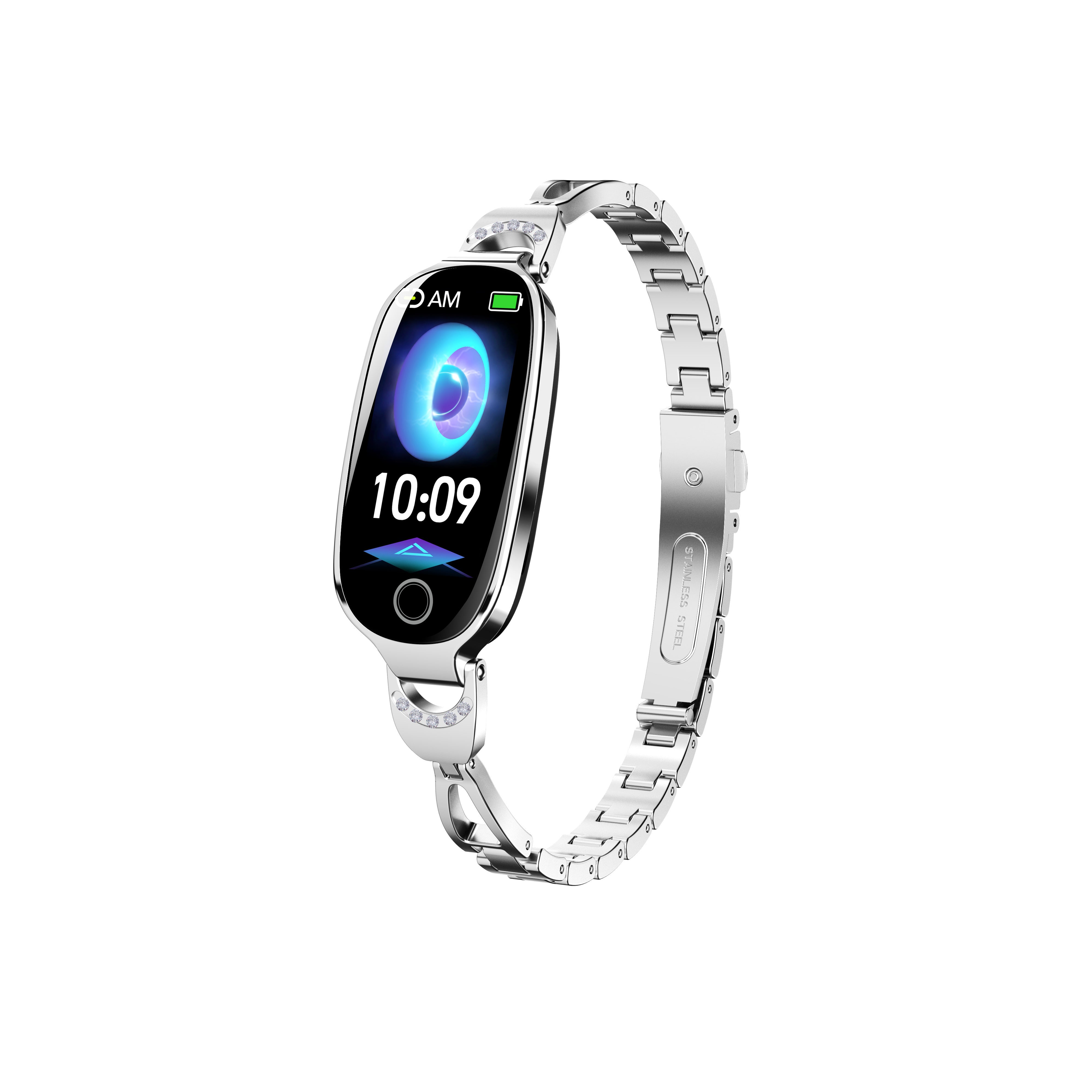 Silver smartwatch with a digital display on a white background