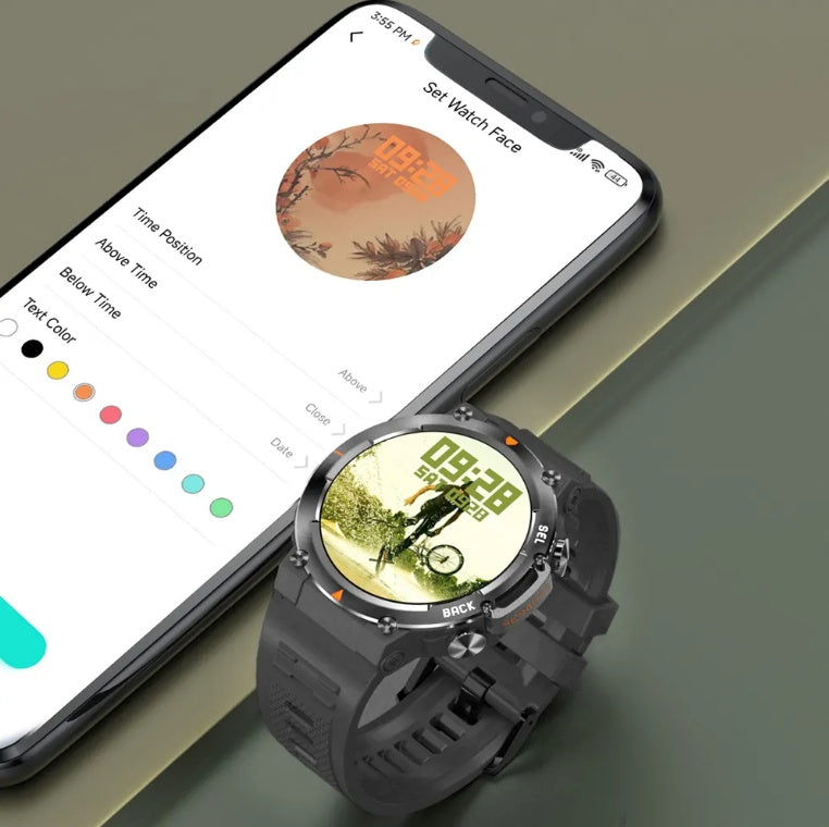Smartwatch with a digital display on a smartphone screen showing watch face customization options.