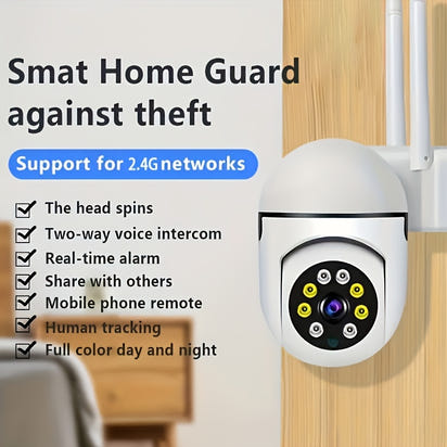 Smart home security camera with features listed on a white background