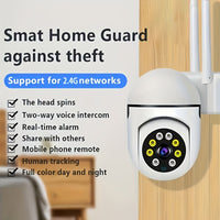 Smart home security camera with features listed on a white background