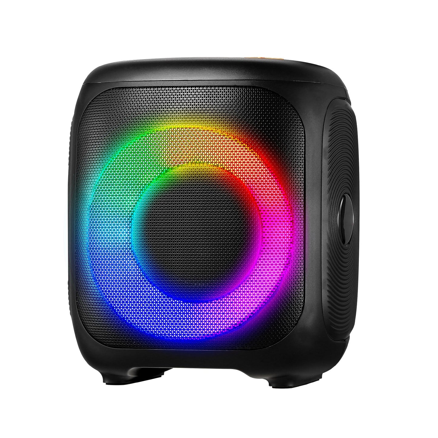 Black portable speaker with colorful LED ring on a white background