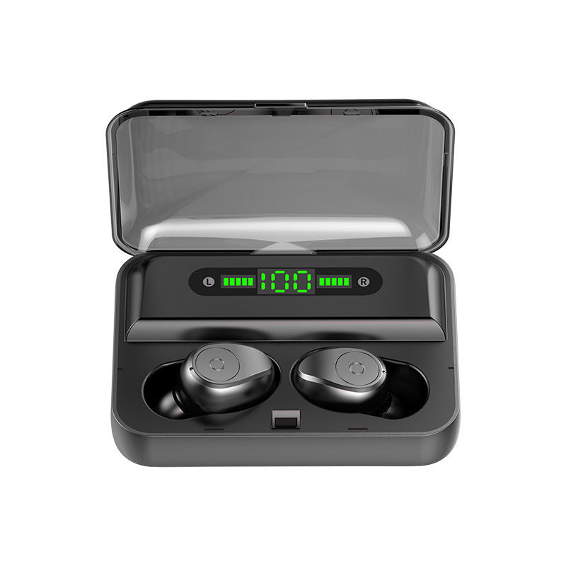 Black wireless earbuds in charging case with digital display on a white background
