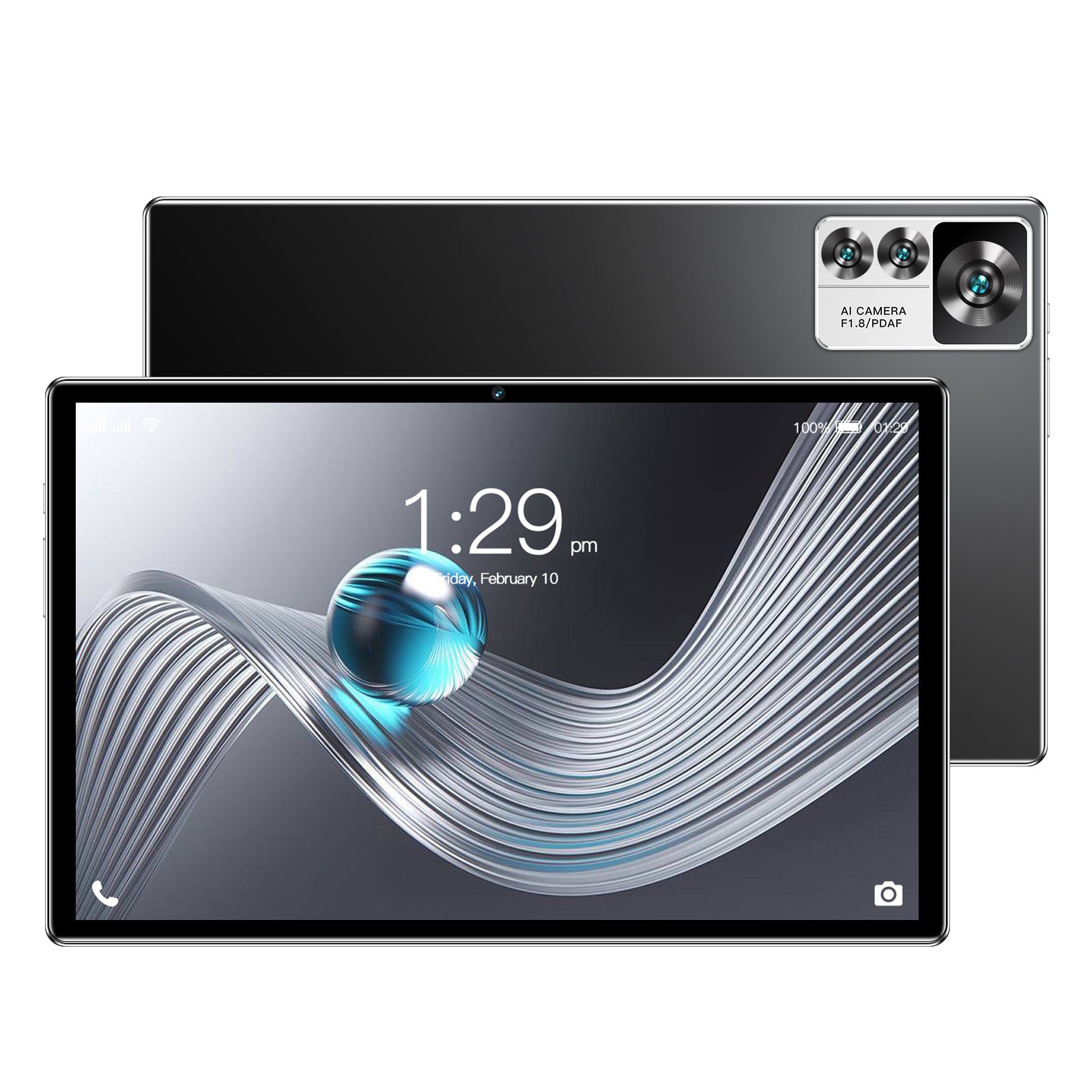 Tablet device with front and back views on a white background