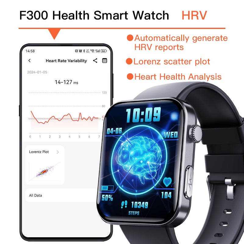 ALT: F300 Health Smartwatch showing heart rate variability and fitness tracking display.