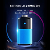 Blue battery with charging symbol on a dark background, highlighting extremely long battery life.