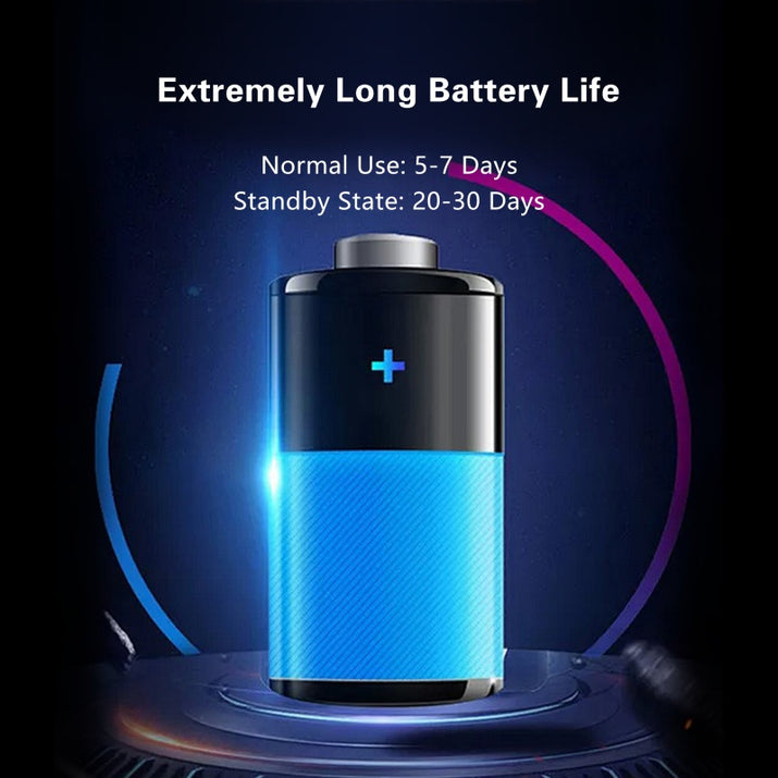 Blue battery with charging symbol on a dark background, highlighting extremely long battery life.