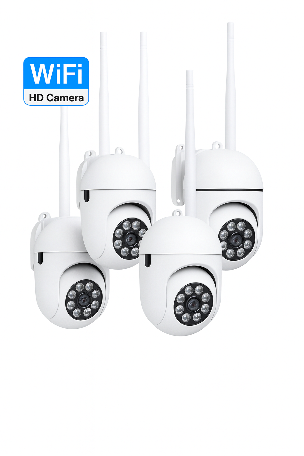 Five white HD camera with WiFi feature on a white background