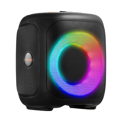 Black speaker with colorful LED ring on a white background