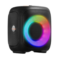 Black speaker with colorful LED ring on a white background