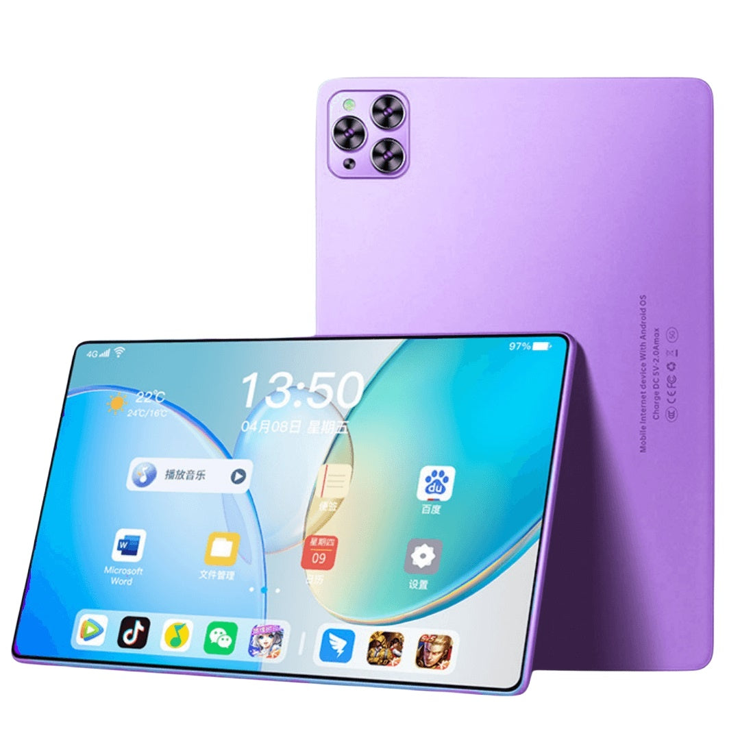 “Slim 10-inch Android tablet with camera setup shown in a purple/blue finish.”