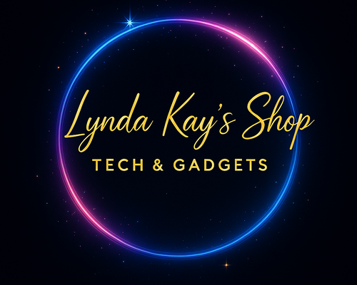 Logo for Lynda Kay's Shop with 'Tech & Gadgets' text on a dark background with glowing ring.