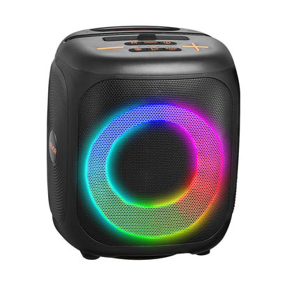 Black portable speaker with colorful LED ring on a white background