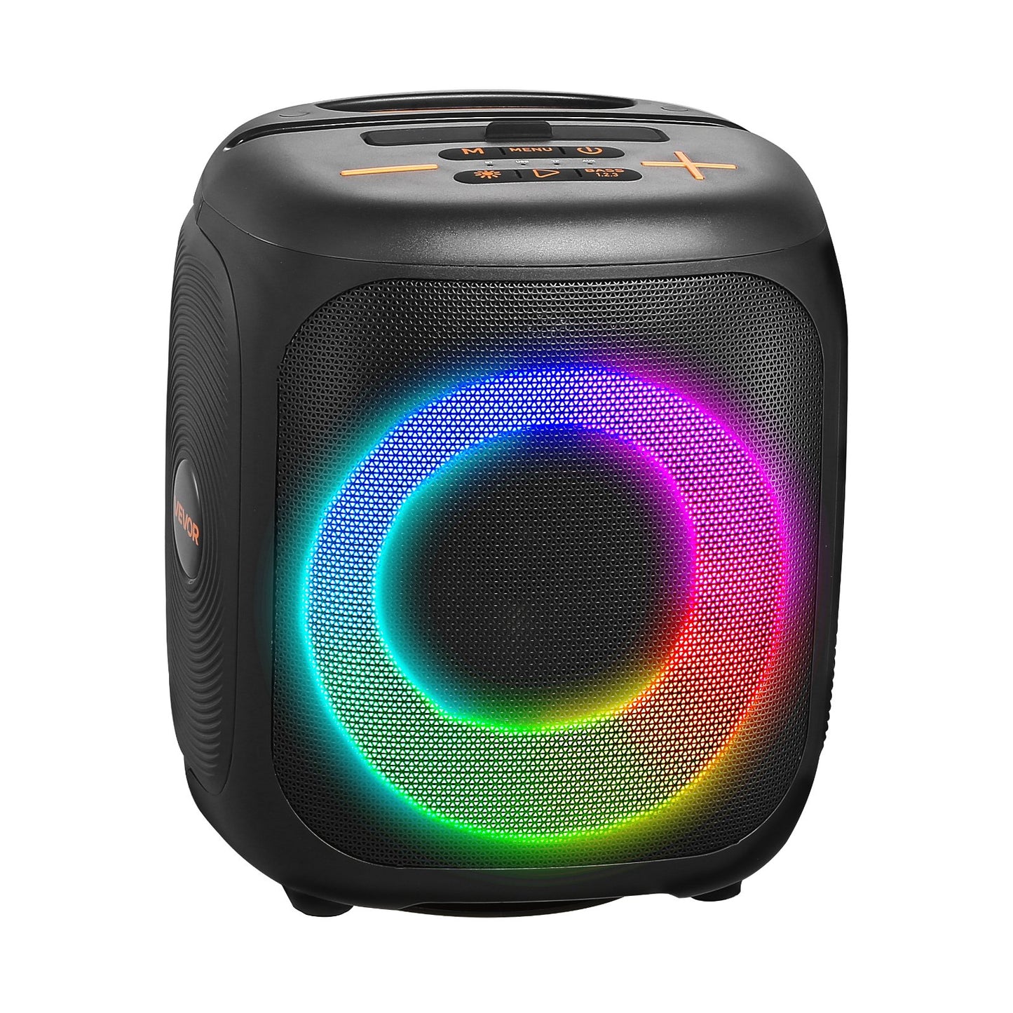 Black portable speaker with colorful LED ring on a white background