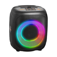Black portable speaker with colorful LED ring on a white background