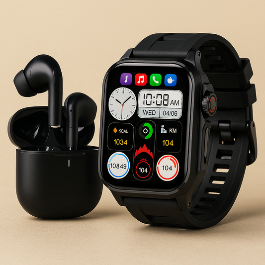 Black smartwatch and wireless earbuds on a beige background