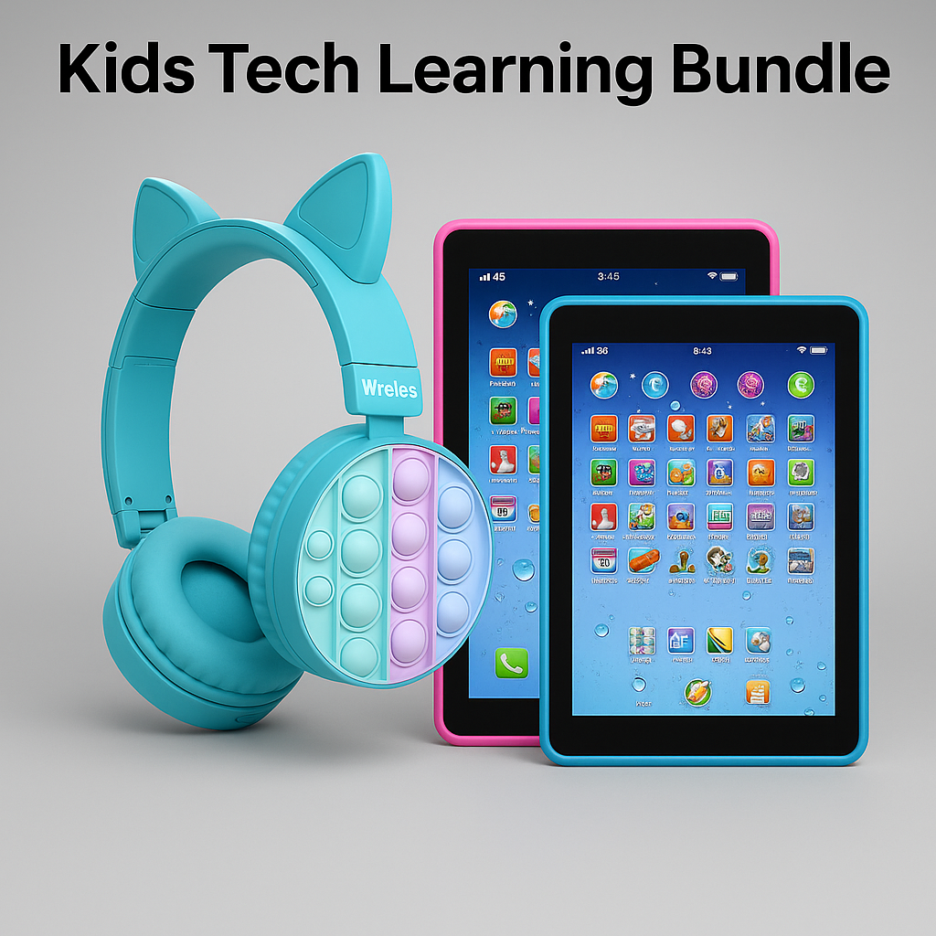 Kids Tech Learning Bundle featuring turquoise cat-ear wireless headphones with pop-it ear pads, a pink learning tablet, and a blue learning tablet on a gray background.