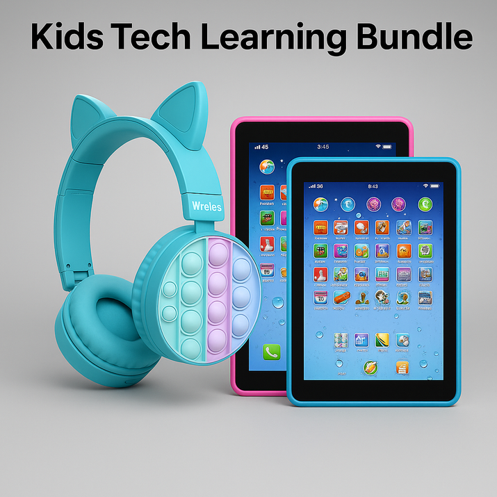 Kids Tech Learning Bundle featuring turquoise cat-ear wireless headphones with pop-it ear pads, a pink learning tablet, and a blue learning tablet on a gray background.