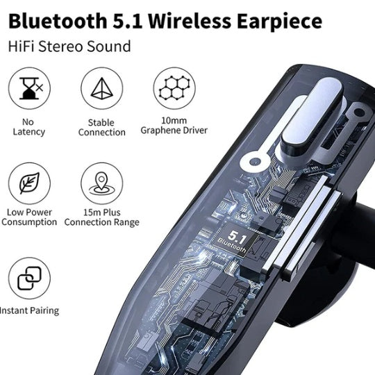 Bluetooth 5.1 wireless earpiece with technical specifications on a white background