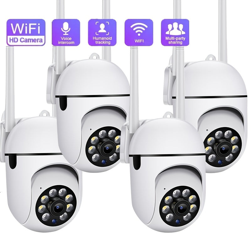 Four white security cameras with various features indicated by icons on a white background