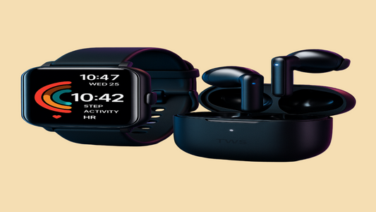 Lynda Kay’s ATL Edition smartwatch and earbuds tech bundle on gradient background, stylish and modern.