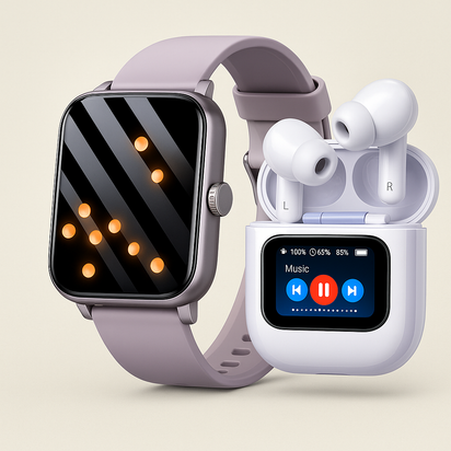Lavender 1.83” Bluetooth smartwatch paired with matching white wireless earbuds and charging case, displayed on a clean background.