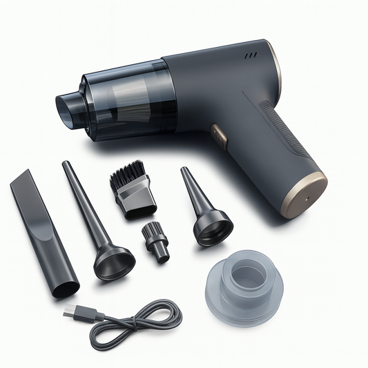 Handheld vacuum cleaner with attachments on a white background