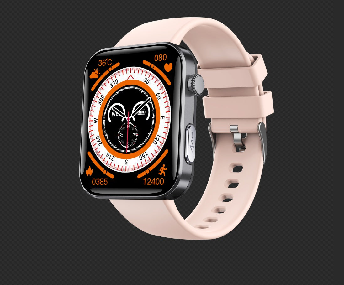 Smartwatch with a pink strap on a black background