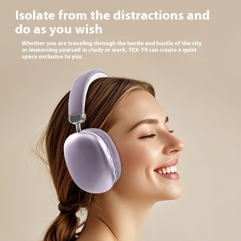 Woman wearing purple headphones with text about creating a quiet and  pace. Lynda Kay's Shop