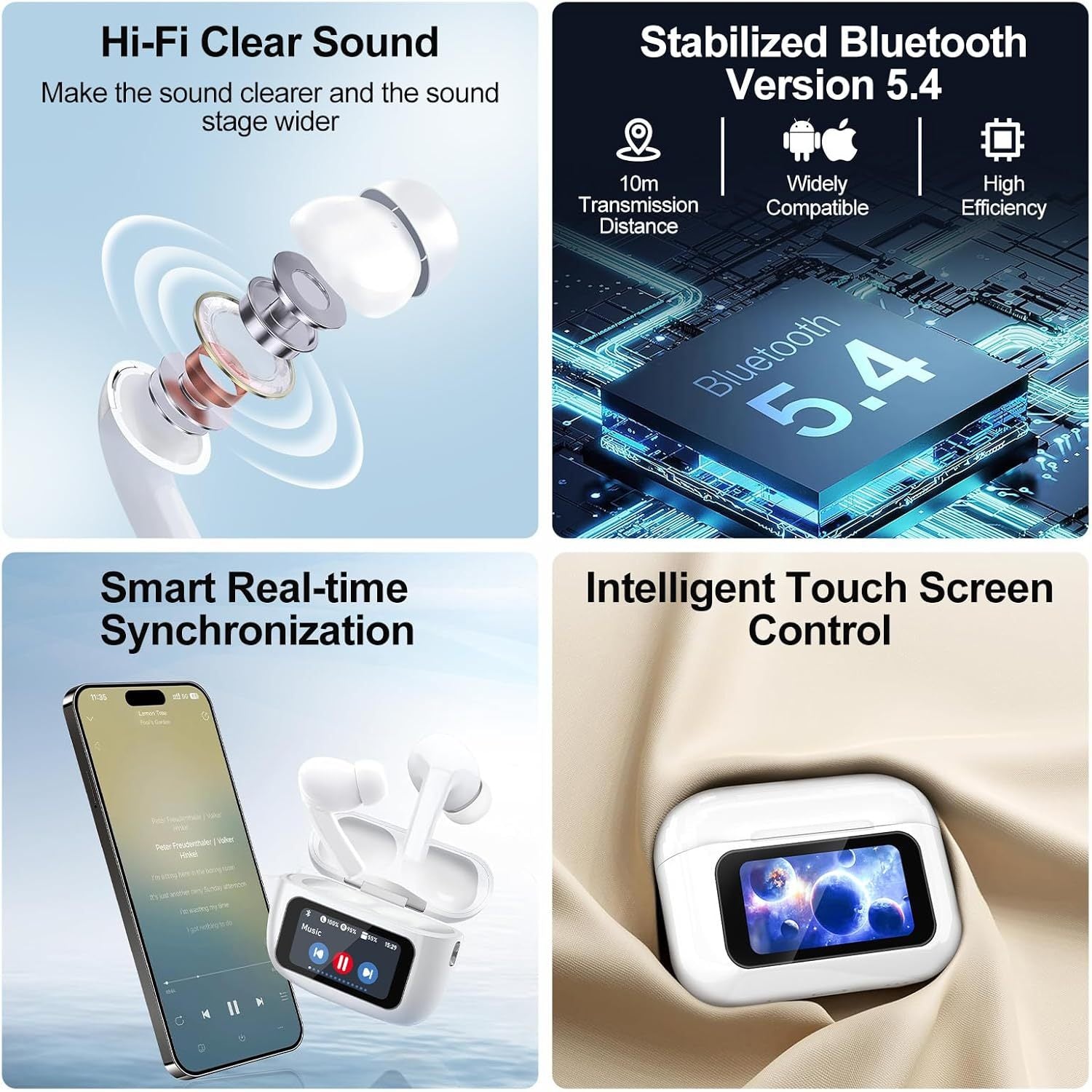 Four features of wireless earbuds displayed on a blue background with text and images.
