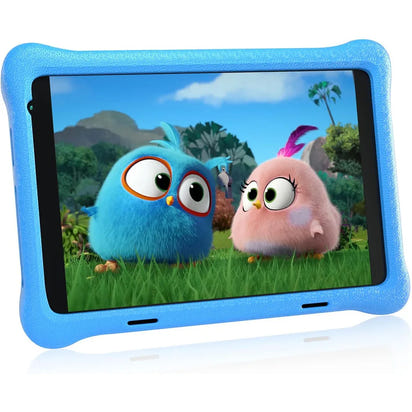 “7-inch Android kids tablet in a blue shockproof case showing animated learning graphics on screen – children’s educational tablet”